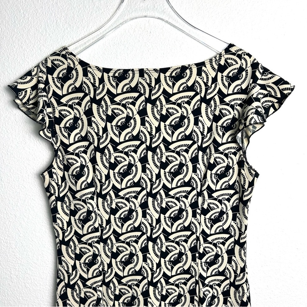 BCBG Max Azria Fan Midi Dress Cap Sleeve Ruffle Hem Black Cream Size Medium - Picture 6 of 12
